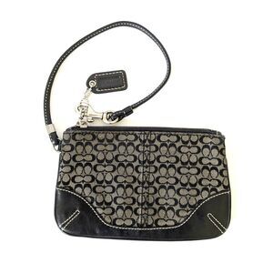 Coach Mini C Signature Black and Gray Jacquard Canvas Black Leather Wristlet